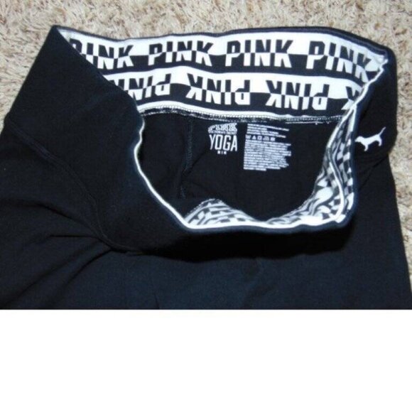 Womens Victorias Secret PINK Yoga Crop Pants Medium Black White Logo Strappy Leg - Picture 3 of 6